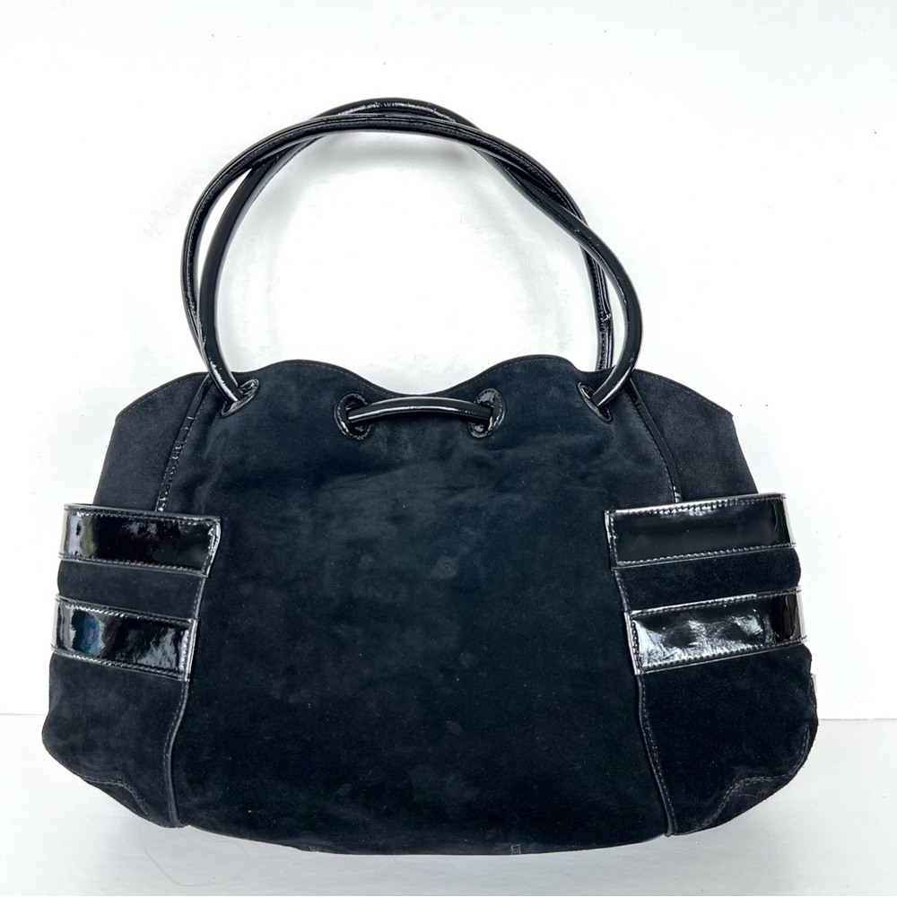 COLE HAAN Black Suede w Patent Leather Side Buckle Pockets Shoulder Bag Tote - Picture 2 of 14